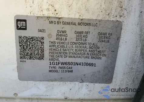 2022 Chevrolet Bolt Ev 1Lt из США, поврежденный, VIN 1G1FW6S01N4100691